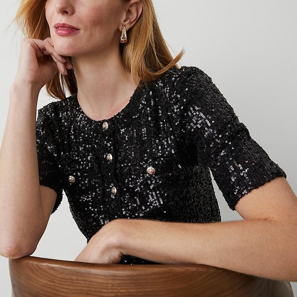 Ann Taylor Sequins Henley Blouse Black Medium Petite with Gold Buttons - Picture 9 of 9